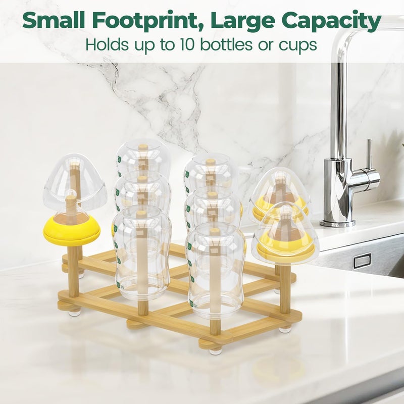 EsLuker.ly Baby Bottle Drying Rack Bamboo Vertical Dryer Holder, Foldable Space Saving for 10 Milk Glass Bottle Countertop, Wooden Drain Stand Shelf for New Parents - Image 2